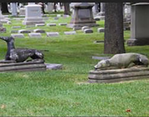 Statue di Levriero nel cimitero di Rosehill